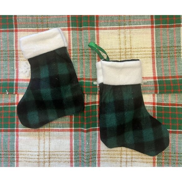 Mini Fleece Green Plaid Christmas Stockings Glittered Snowflake Ornament Gift Ca - Picture 3 of 5